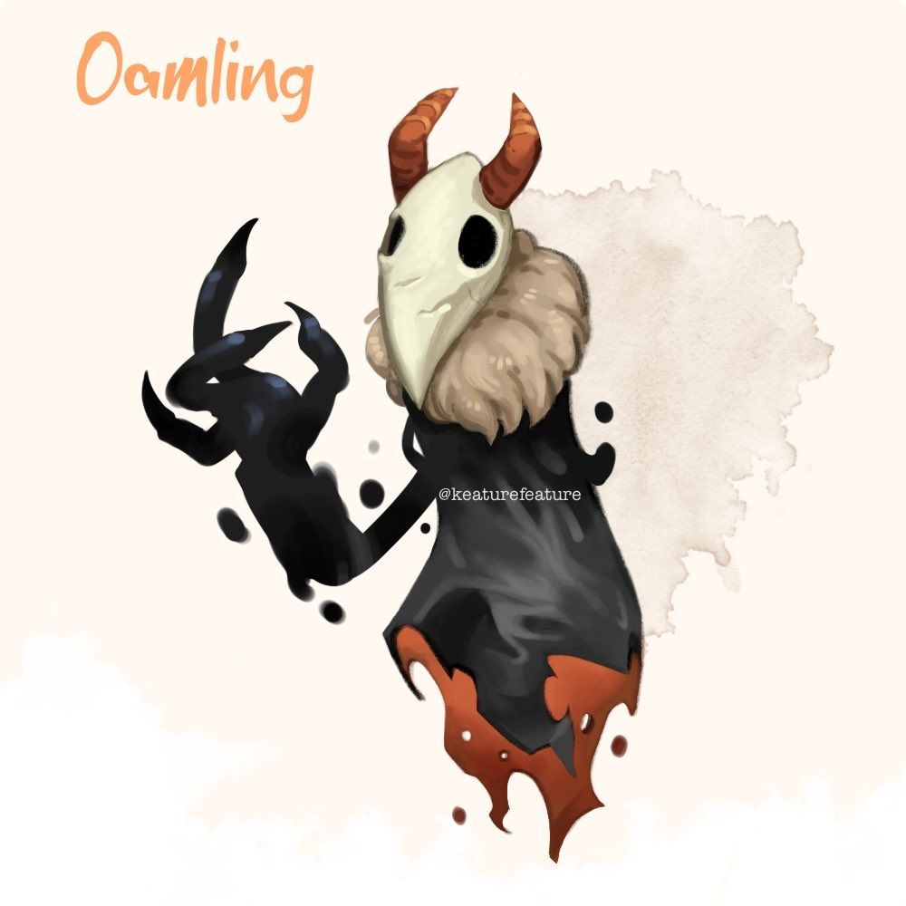 Digital painting of a floating creature with small orange horns, a bird-like skull face, furry collar, and wisping shadowy body that drapes like a cloak, the underside of which is orange. Has an arm and clawed hand made of wisping shadow, the hand about as large as the creature's head. Floating text labels the creature as "Oamling."