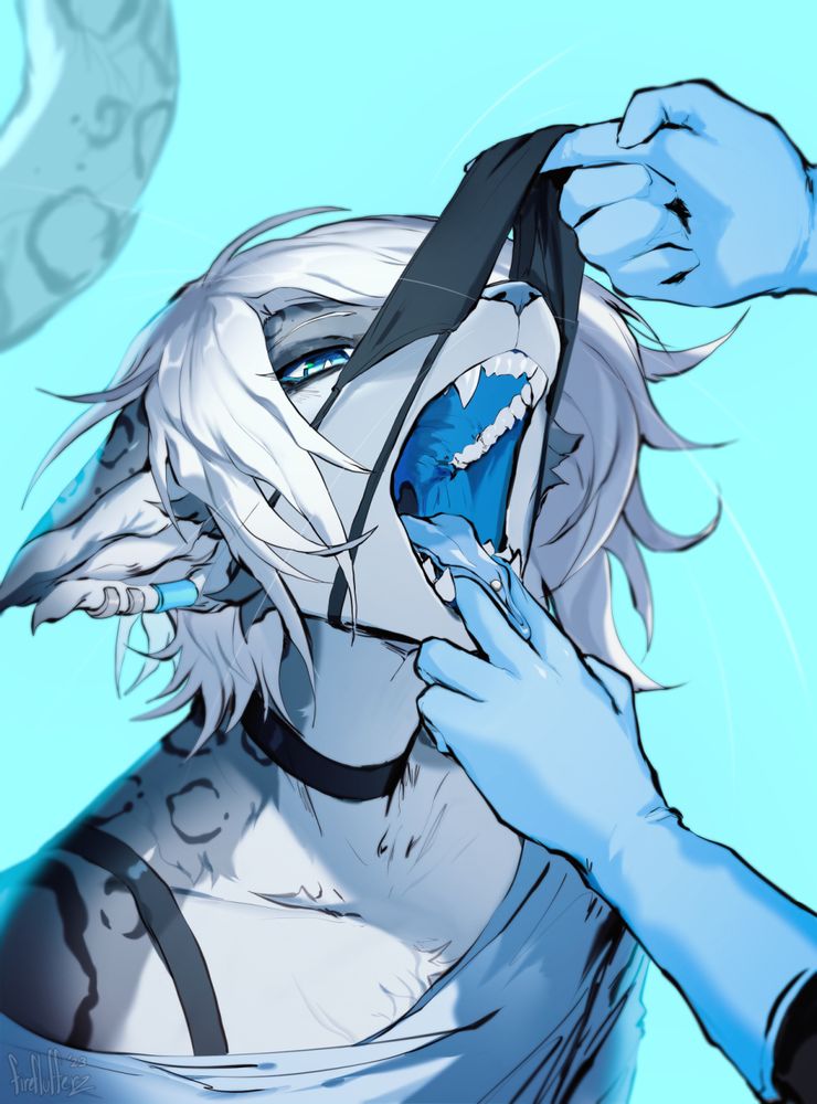 mouthplay/medfet-focused art. The character's mask is being lifted with one hand, with the other hand feeling the teeth under the inner gums, tongue and its piercing folded between the fingers.