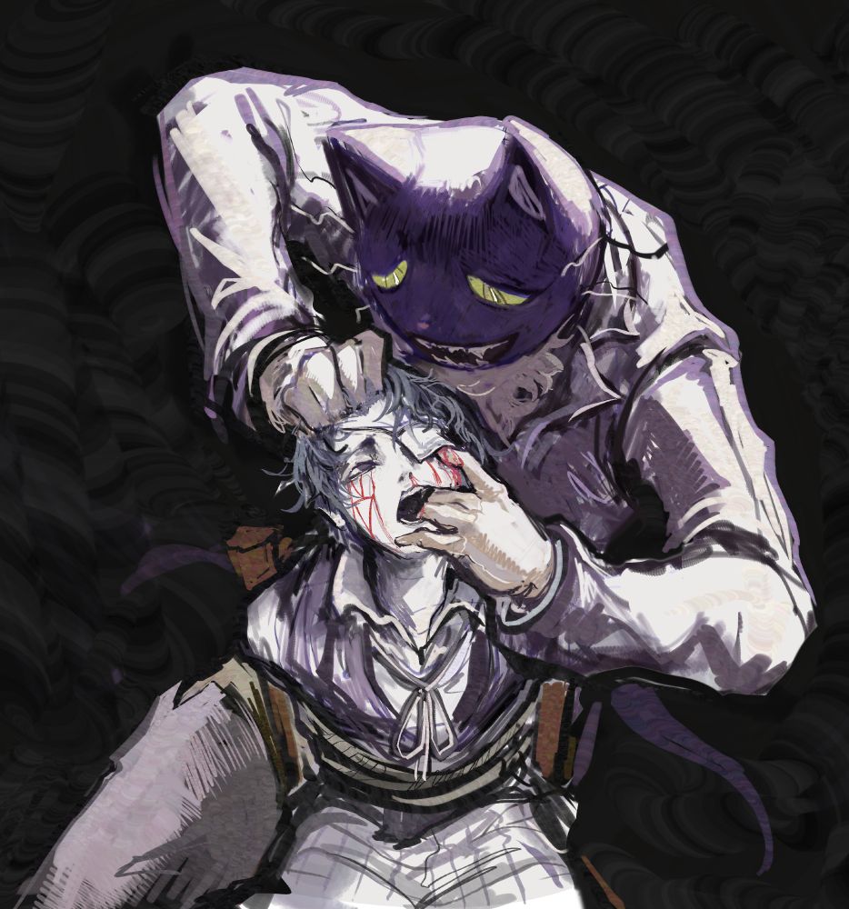 Pocketcat gripping Daan's hair to pull his head back. Two fingers are in Daan's mouth, the pointer finger is slipping under his eyepatch. I'd like to think that he was fingering the eye socket but who gives a fuuuuuck what i think