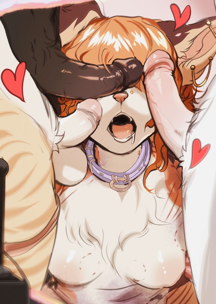 dog girl sitting on the floor with three dicks resting on her face.