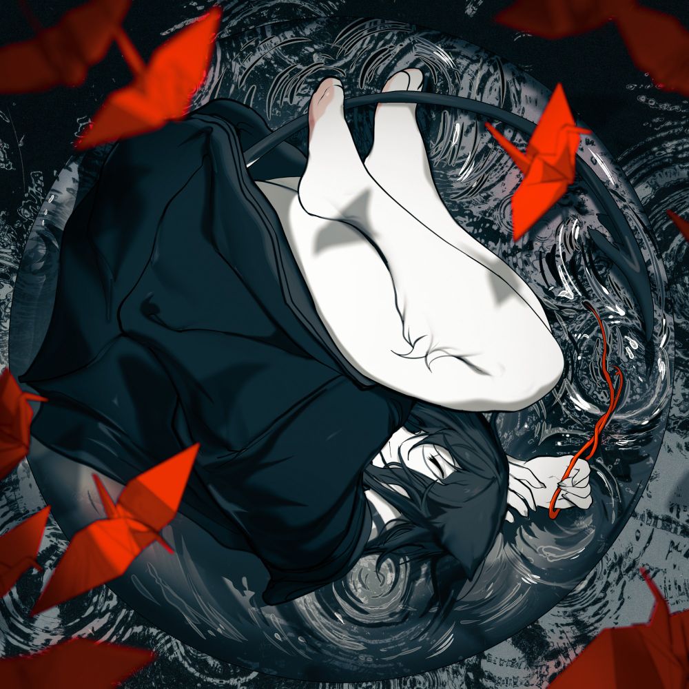 millenium actress drawover of Sketch holding helical string. paper cranes fly overhead and cast shadows on him. he's lying on a circular pool of ink on top of a larger pool of ink with ripples throughout. instead of wearing a kimono there is a simple black blanket on him