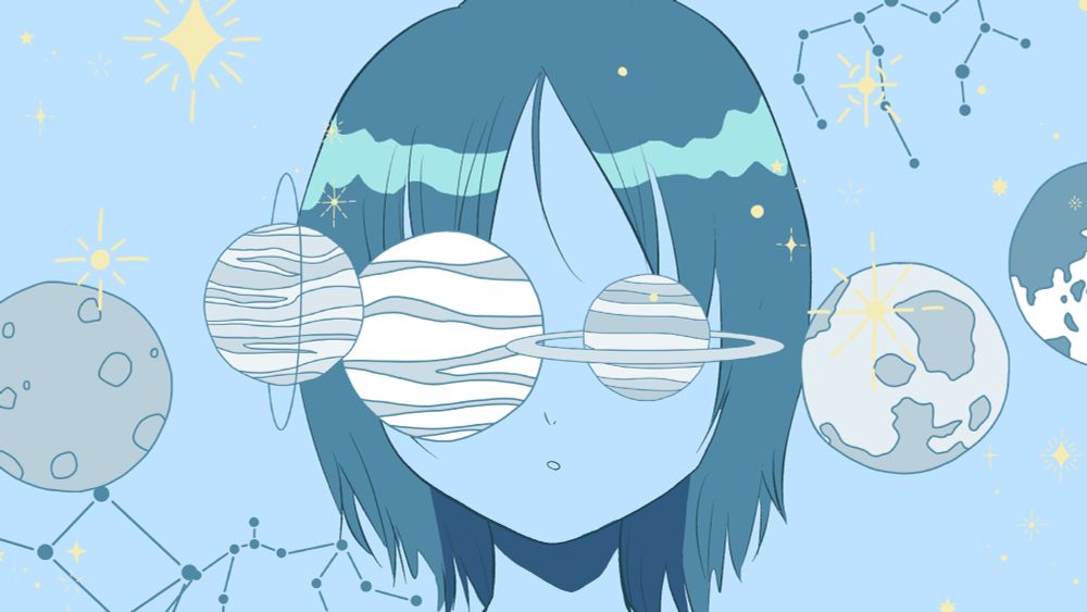 ブルーを基調としたイラスト。様々な惑星や月が横一列に並んでおり、その奥にショートヘアの人間。目の部分がちょうど惑星で隠れている。背景には星座のイラスト。