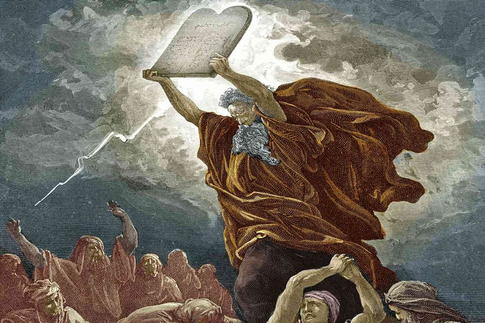 Moses holding up the 11th commandment to a group of tech bros at the Equinox on Mt Sinai
