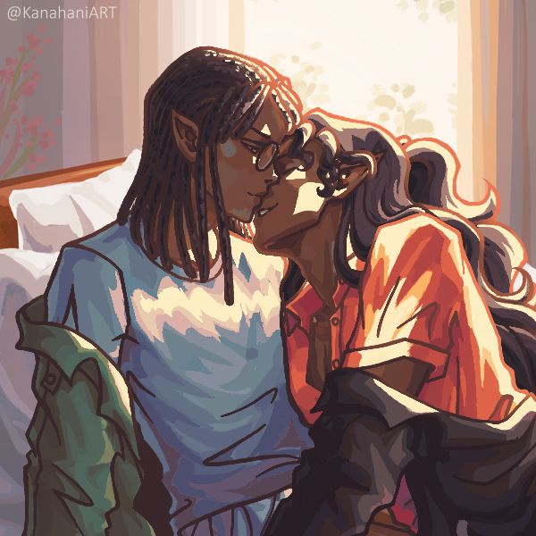 Picrew-made Image of two women kissing. The one on the left has black skin, elven ears, and braided black hair. She wears round glasses, a blue shirt, and a green jacket that is half off her shoulder. The one on the right has brown skin and brown wavy hair. She wears a red blouse that is opened deep, and a black jacket. She is grinning wide and seems completely lost. The two appear to be in a bedroom, there is light coming in from the window behind them.