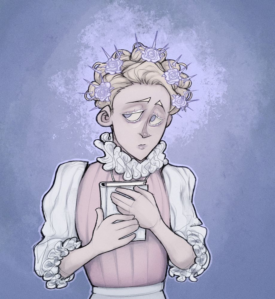 The same commission of Eva, but this time there are white roses and icy thorns sticking out of her braided crown.