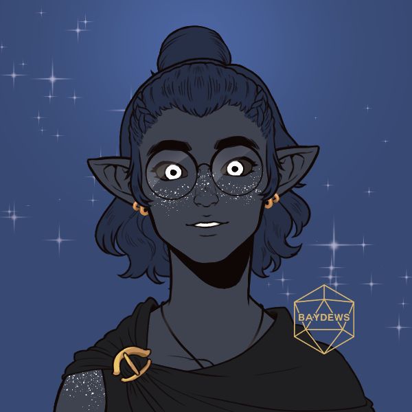 Picrew-made image of a person with night blue skin and marine blue hair, which he wears in a bun with some braids at the side. They have elven ears, white eyes with a black sclera, and white freckles. She wears round glasses, golden earrings, a leather necklace, and a black cloak.