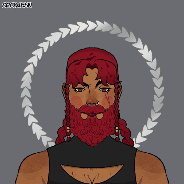 Picrew-made image of Gwynri, a bigger dwarvish woman with medium brown skin and broad shoulders. She has firetruck-red hair and a matching beard. Her hair is braided into two neat braids in the back, and two additional, thin braids in the front. She has thick eyebrows, and one of them raised in the image. Her eyes are hazel and look a bit tired, she has a sharp nose, golden piercings and hair accessories, and a long scar over her left eye. Her cheeks are slightly reddened. She wears a black shirt with a crescent-shaped titty window. The background is grey, with a silver laurel-shaped circle around her.