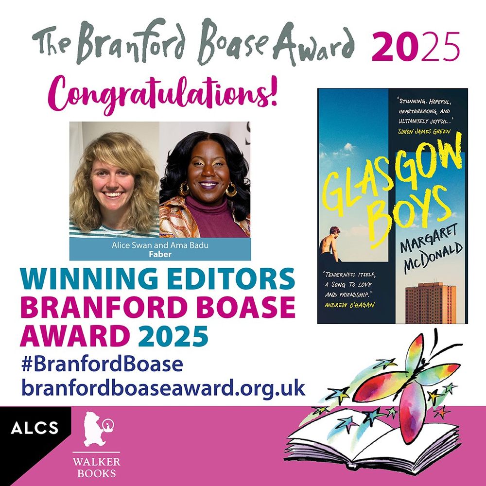 Graphic with photos of winning editors of the 2025 Branford Boase Award, Alice Swan and Ama Badu.