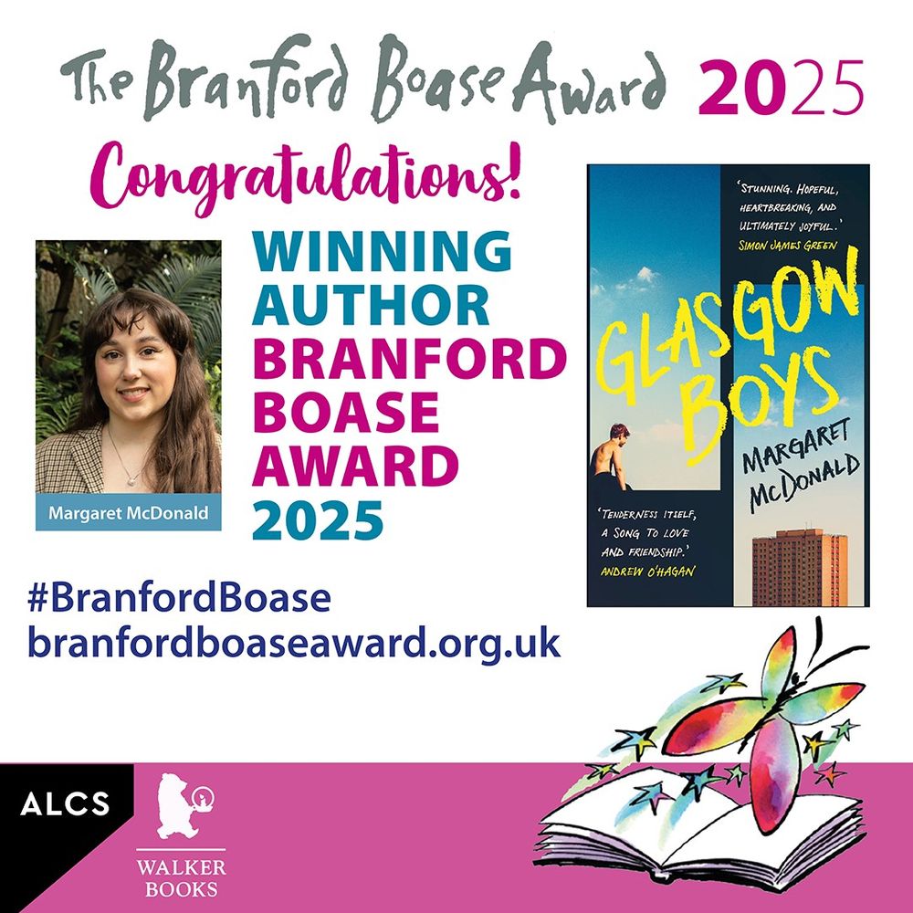 Decorative graphic with photo of the winner of the 2025 Branford Boase Award, Margaret McDonald