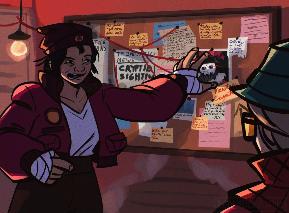A digital illustration of Yumiko, a RED Scout OC, animatedly gesturing at a corkboard full of cryptid-related notes like the Pepe Silvia meme. The emphasis is on a photograph of @pocketsoldier's RED Soldier OC, Skully. In the foreground, Paola, my RED Sniper OC, listens to Yumiko's ranting with an unseen expression.
