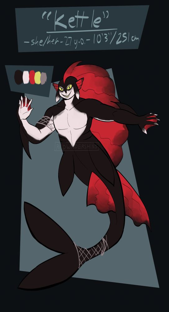 A reference sheet of my OC who's known as "Kettle". She's a shark-like mermaid with black and white patterning, webbed claws, and large red fins. Text above her model reads: "'Kettle'. She/her. 27 years old. 10'3"/251cm".
