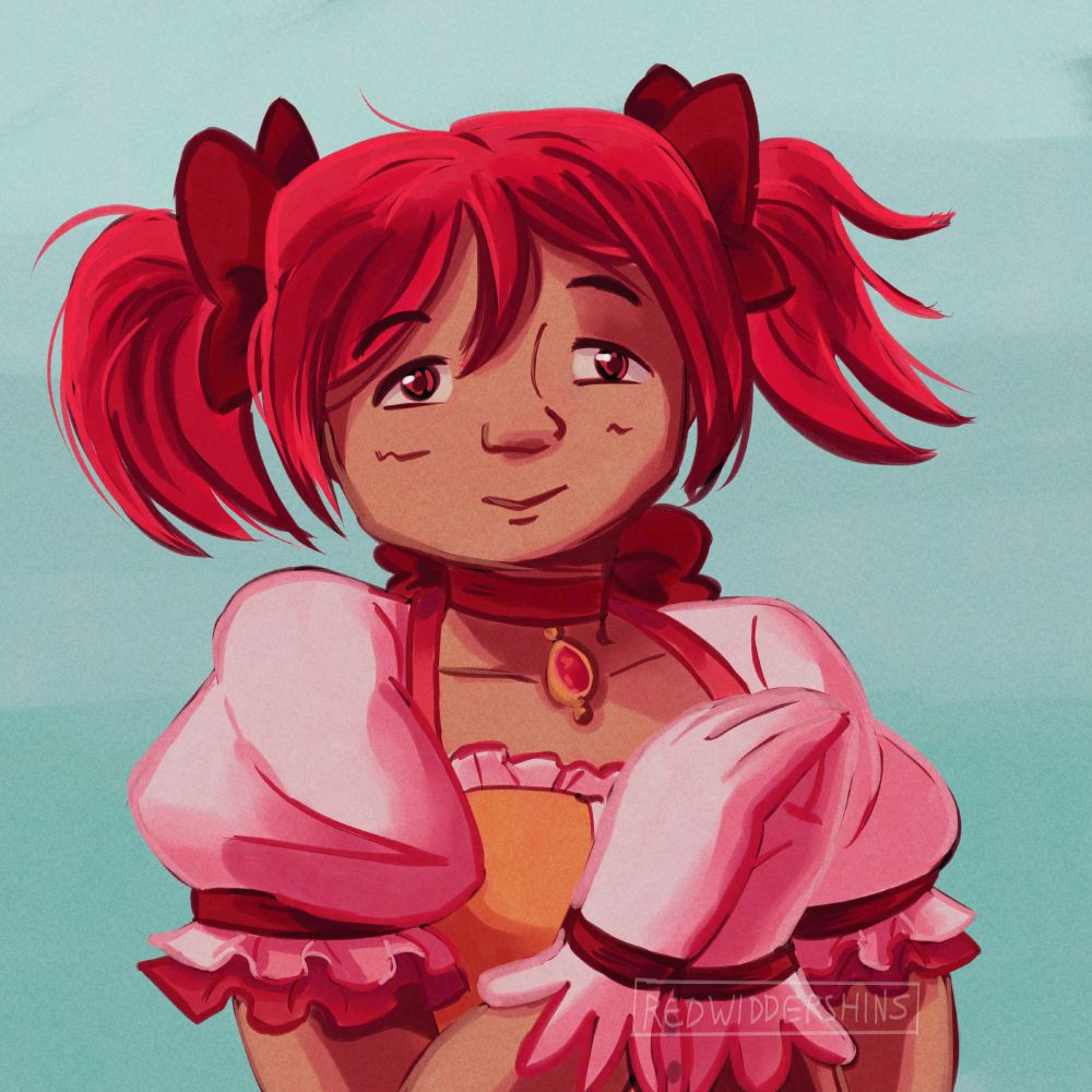 A digital illustration of Madoka Kaname smiling softly at the viewer as she holds her hands in a prayer-like gesture. She's wearing her magical girl outfit. The background is a blue-gray gradient.