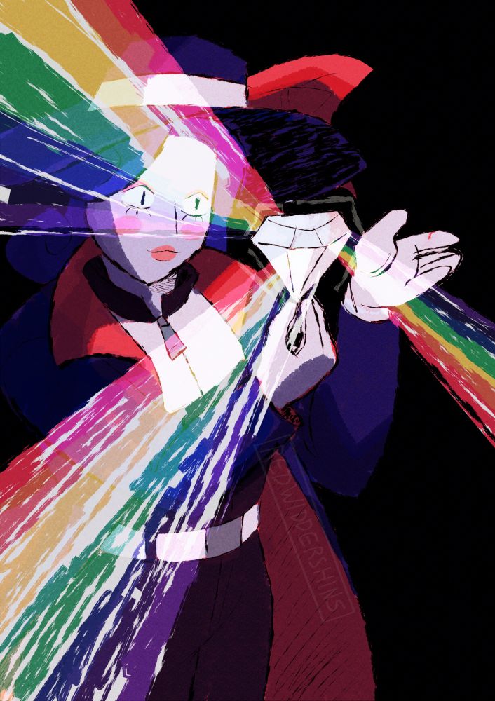 A digital illustration of Marie Nette, my OC who's an animated marinette with powder blue skin. She's holding up a diamond prism, which has rainbow beams splitting out of it. The background is a solid black. 