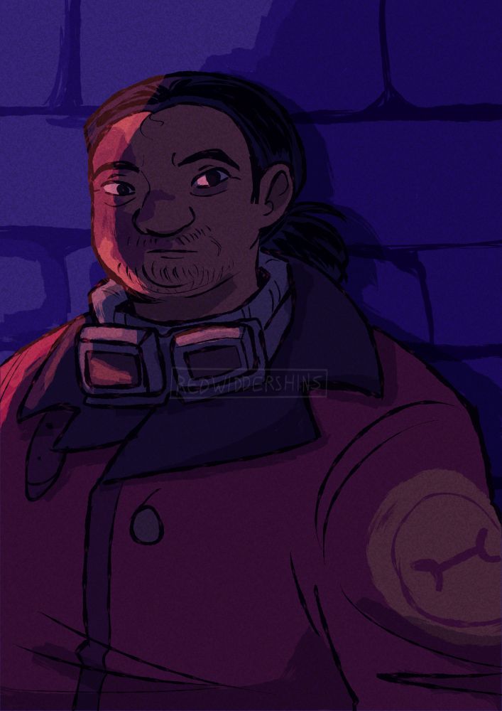 A digital portrait of my RED Engineer OC, Marcus Yaptinchay. He's a fat, Chinese-Filipino-Canadian man. His black hair is pulled back into a short ponytail and his goggles hang around his neck. He wears the Underminer's Overcoat cosmetic that has the sweater painted grey. He looks forward with a stern, grumpy expression as he stands against a brick wall. The portrait is heavily shadowed with some bright lighting coming from the left.
