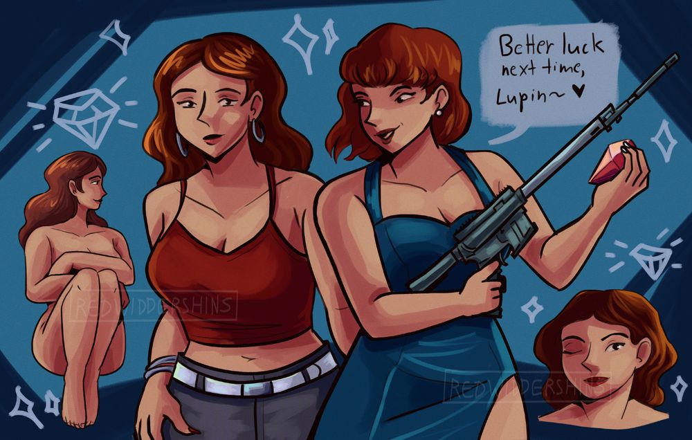 Begin image ID. A sheet of four digital drawings of Fujiko Mine. On the left is a nude Fujiko with long, wavy, light brown hair. She's looking to the side and is huddling herself. The second-most left Fujiko has long, wavy, dark brown hair and is looking at the viewer with a slight smile. She's wearing silver hoop earrings with matching bangles, a cropped dark red tank top, and a denim skirt with a shiny belt. The third Fujiko has reddish-brown hair in a wavy bob. She's looking to the side and is smiling while holding a Colt LE6920 semi-auto rifle with one hand and a large pink diamond in another hand. She wears a blue-green evening dress with a leg slit. She says, "Better luck next time, Lupin~ <3". The fourth Fujiko in the lower right corner is a bust of her winking at the viewer. She has long wavy brown hair gathered at the back. The background is blue with a rough darker blue frame. There are are pale blue doodles of diamonds and sparkles scattered across the sheet. End image ID.