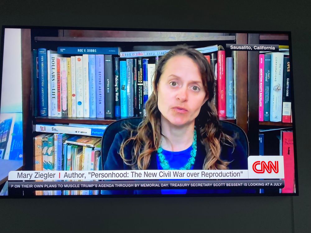 Photo of author and researcher Mary Ziegler being interviewed on CNN about her new book, 'Personhood: the new civil war over reproduction'. 