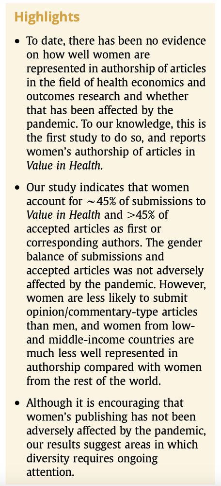 highlight points from a paper published in Value in Health, looking at how well women are represented in authorship of papers submitted and accepted by the journal. 
