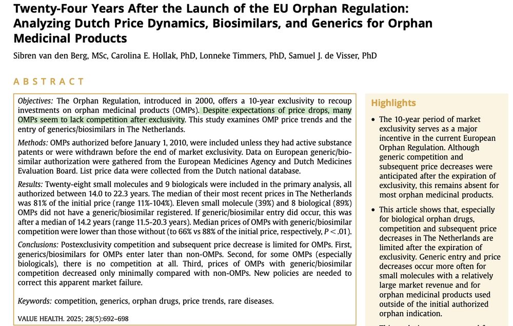 abstract of a new paper just published in Value in Health, May 2025, Twenty-Four Years After the Launch of the EU Orphan Regulation: Analyzing Dutch Price Dynamics, Biosimilars, and Generics for Orphan Medicinal Products