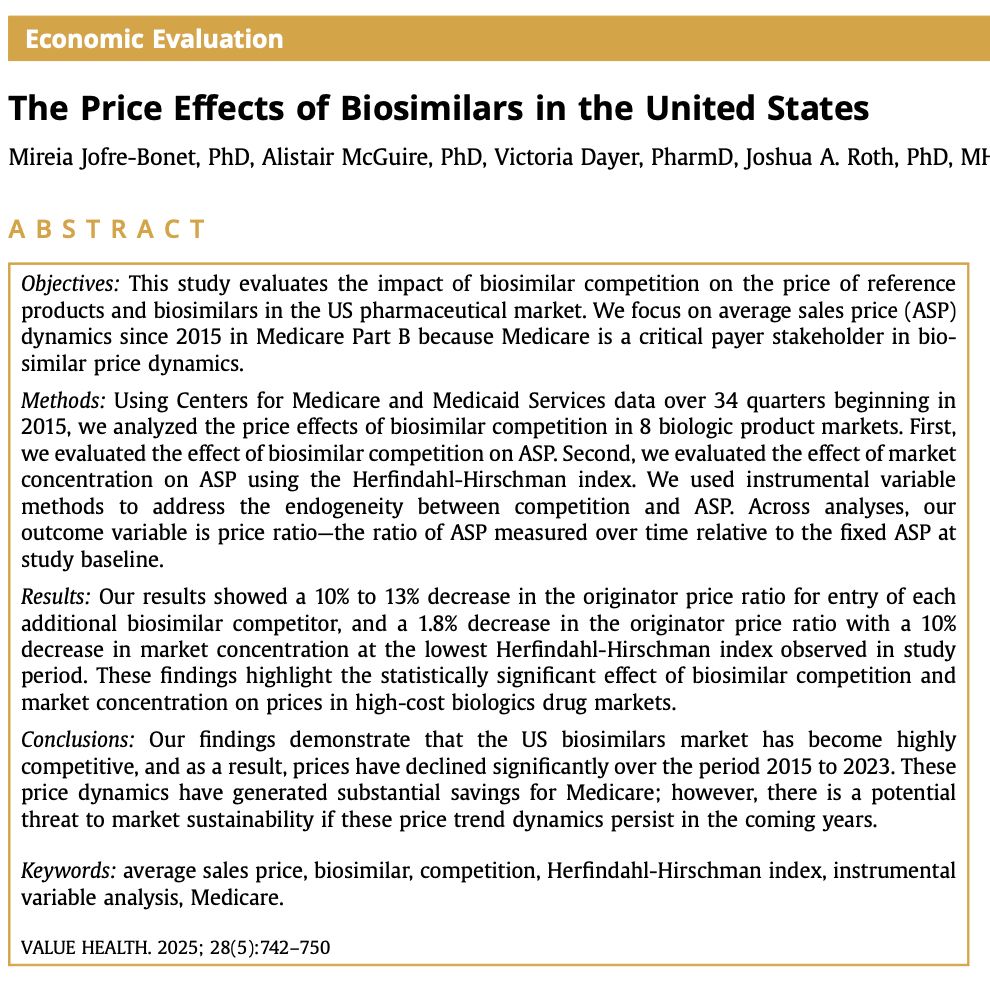 abstract of a new paper in Value in Health, May 2025,  by Mireia Jofre-Bonet and colleagues about the effect of biosimilars on prices in the US