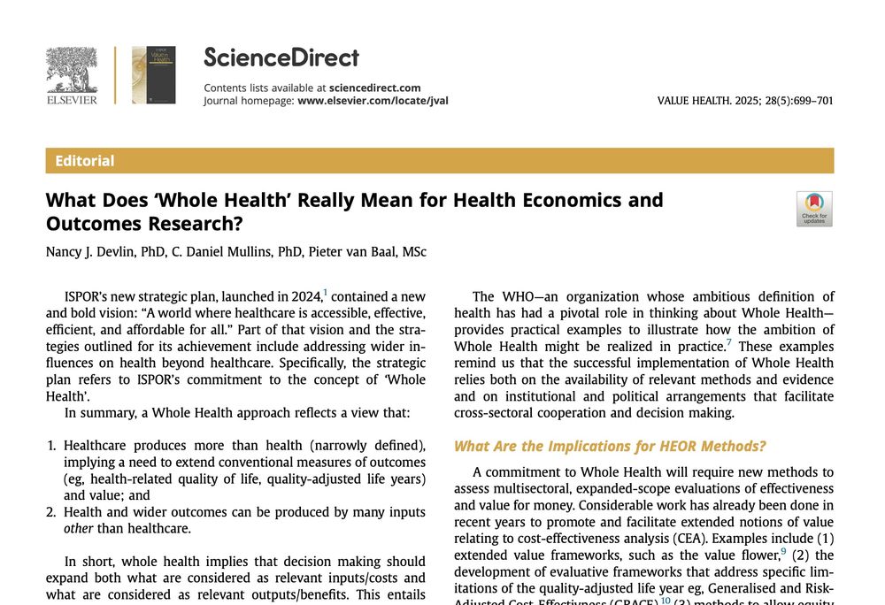 screenshot of an editorial in the May 2025 issue of Value in Health. The paper discussed what the term 'Whole Health' means and discuses some of the implications for how we evaluate costs and benefits.