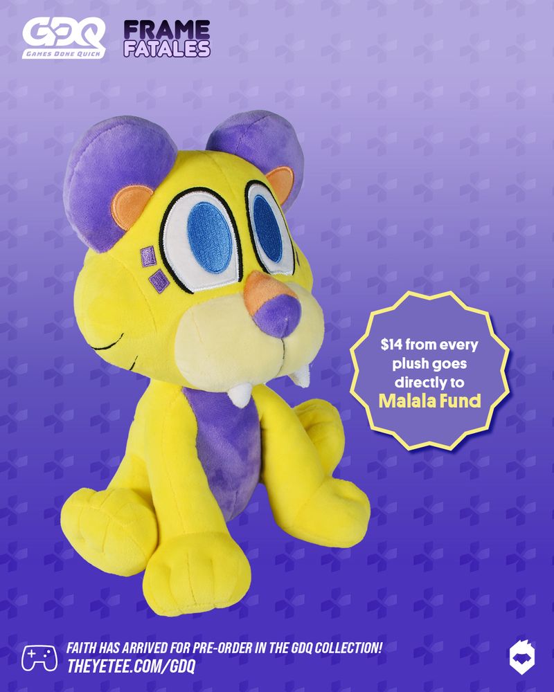 A plush of a small yellow and purple leopard mascot for Frame Fatales