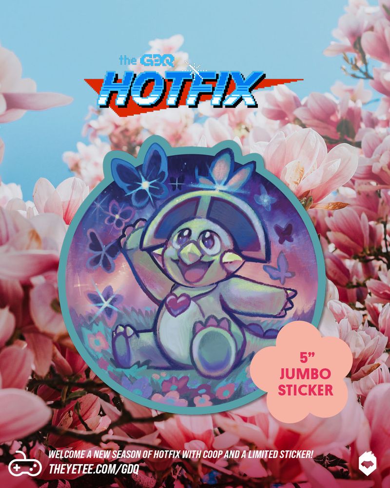 A sticker for Hotfix shows a small triceratops enjoying the foliage of spring