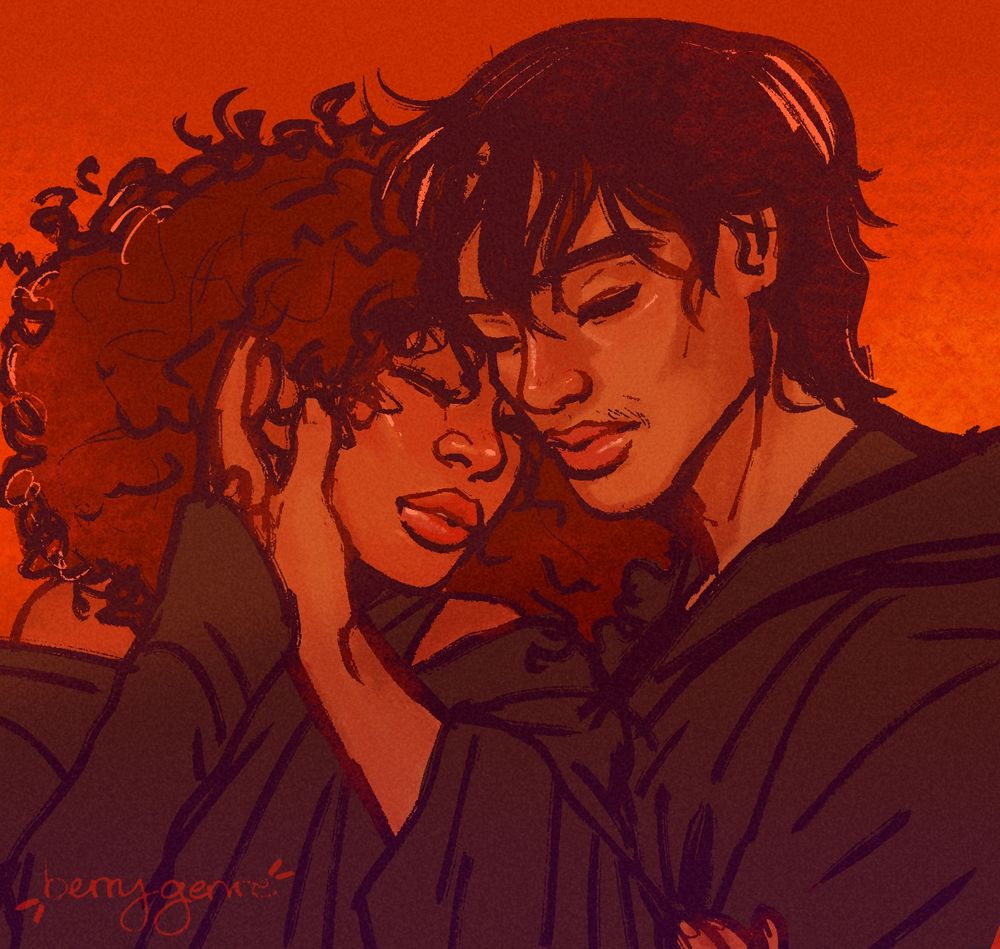 osha and qimir in dark robes close together, he caresses her cheek. Warm sunset lighting 