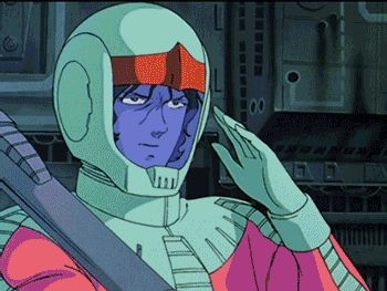 a screenshot of mobile suit gundam (1979) showing a spacesuit-clad char aznable giving a farewell salute