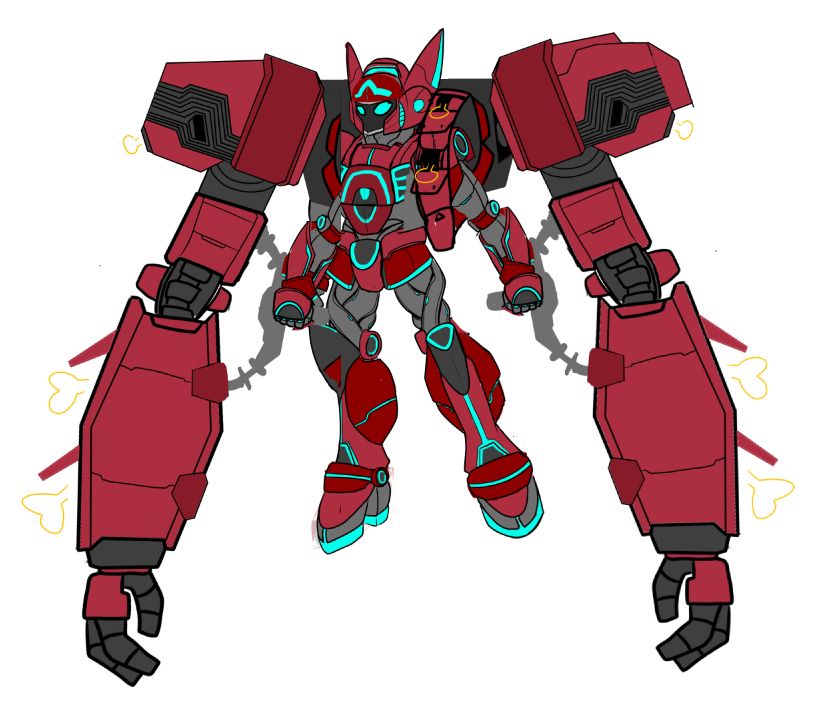 the auranova, a red mecha with blue highlights. it has two giant arms operating off a backpack.