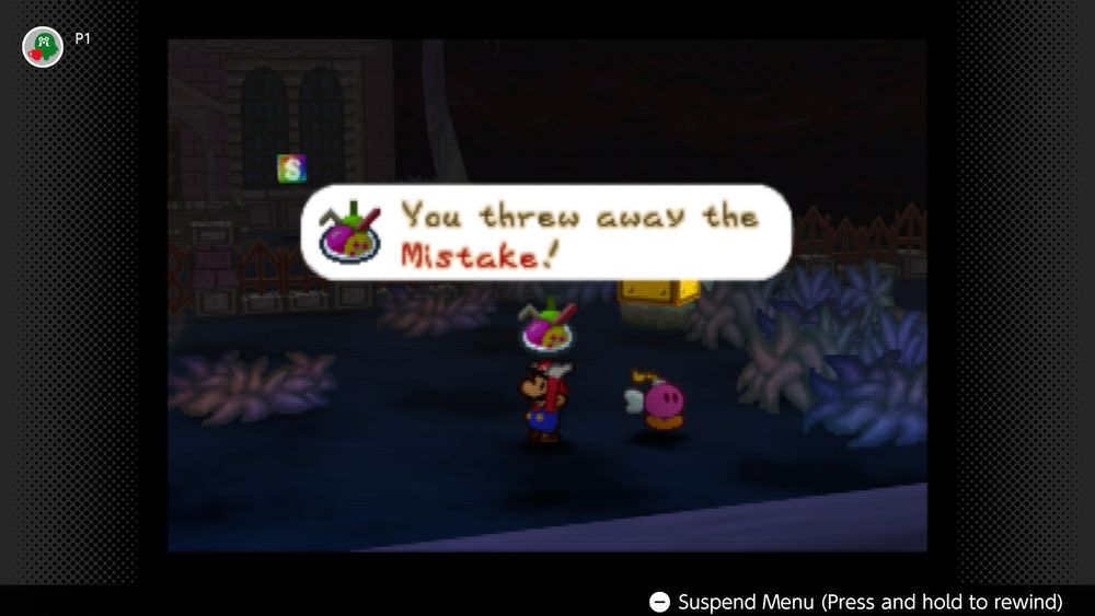 Paper Mario 64 screenshot where Mario is holding a disgusting plate of food over his head, with a dialogue box reading “You threw away the Mistake!”