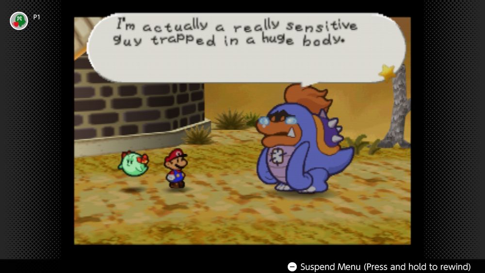 Paper Mario 64 screenshot where a big purple bad guy says “I’m actually a really sensitive guy trapped in a huge body.”