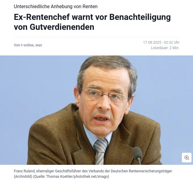 Unterschiedliche Anhebung von Renten Ex-Rentenchef warnt vor Benachteiligung von Gutverdienenden