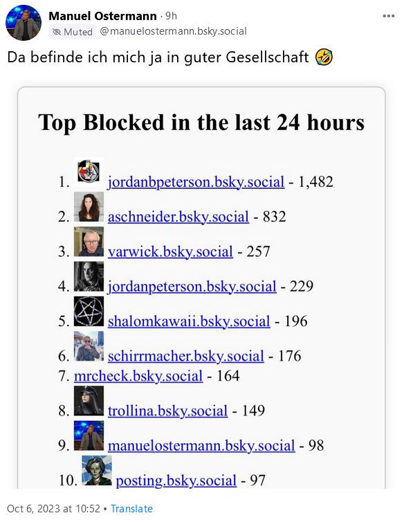 Screenshot von Post von Manuel Ostermann "Da befinde ich mich ja in guter Gesellschaft 🤣" mit einem Screenshot der "Top Blocked in the last 24 hours" drunter, wo er Platz 9 belegt.