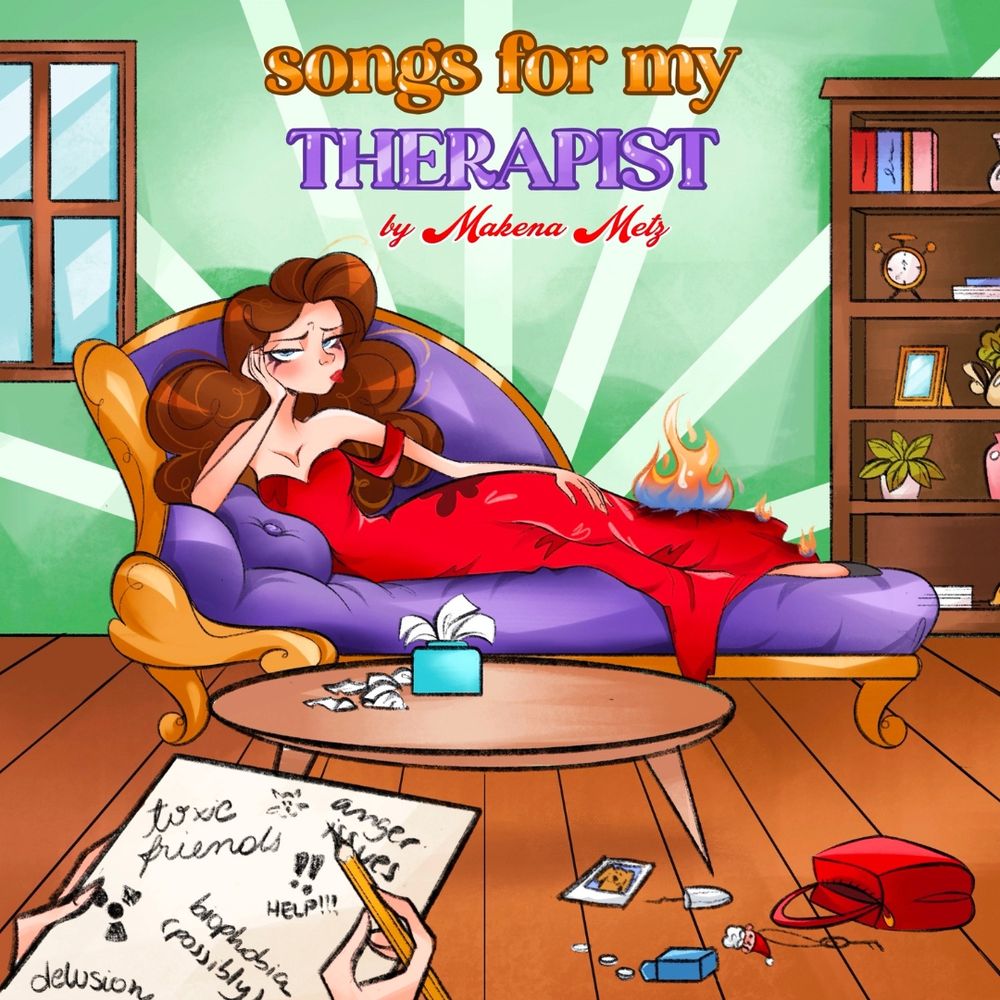 A worn down looking young woman sprawls in a chaise lounge in a green and brown therapist's office. She's wearing a red evening gown that's dirty, torn, and on fire. A therapist takes notes that say things like, "Delusions, anger issues, help!" There are a few items on the floor - a purse, a santa key chain, a picture of a dog, pills, and a tampon.