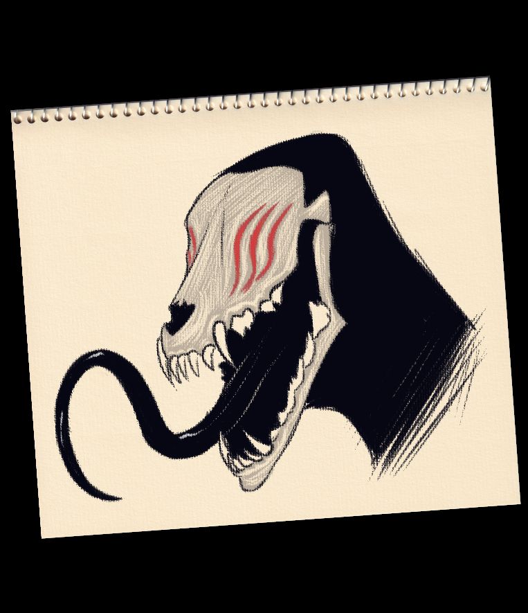 Sketch of a headshot from a skullhead - mainly monochrome with the expection of the eyes being red