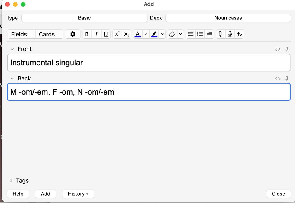 Screen shot of a flash card showing case endings for the Instrumental singular case in Croatian
