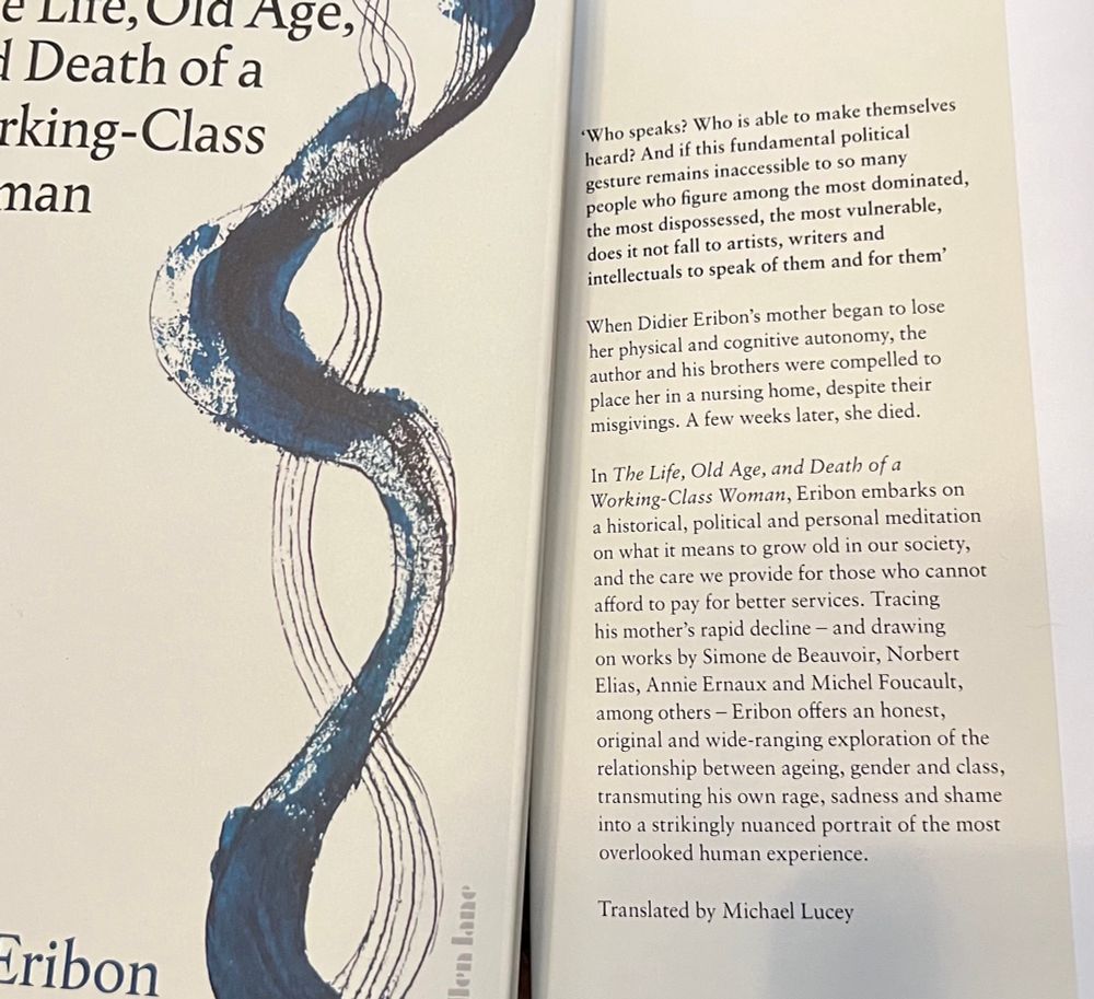 Photo of the jacket copy of the English translation of Didier Eribon’s book, The Life, Old Age, and Death of a Working-Class woman. 