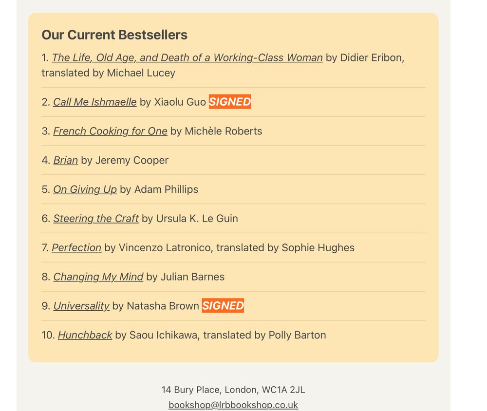 Image of the current bestseller list from the LRB bookstore, with Didier Eribon’s book, The Life, Old Age, and Death of a Working-Class Woman in the number 1 spot.