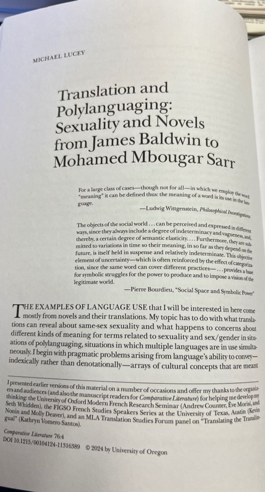 Photo of the first page of an article by Michael Lucey called "Translation and Polylanguaging: Sexuality and Novels from James Baldwin to Mohamed Mbougar Sarr."