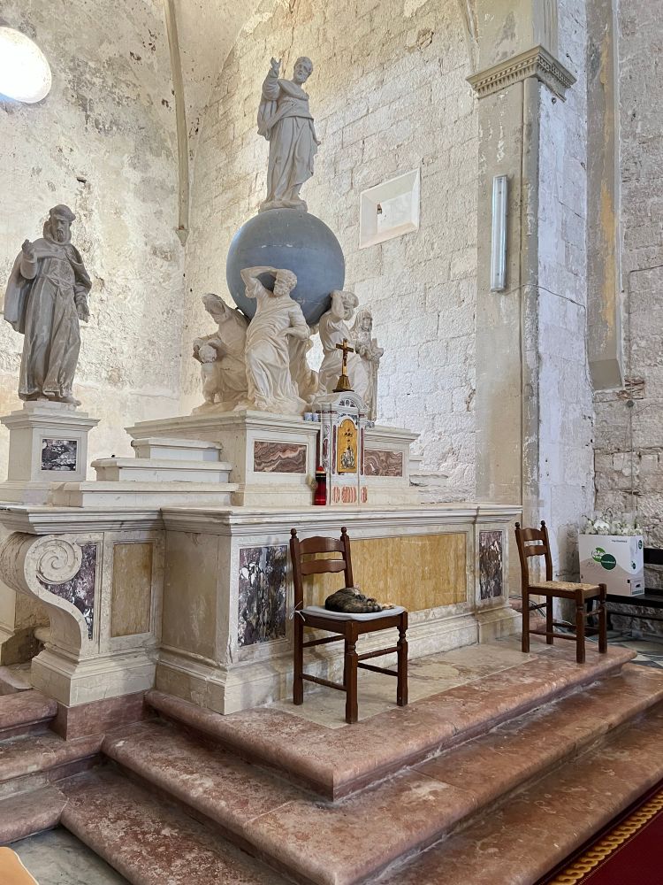 The cat on the chair with an altar and statues visible behind it