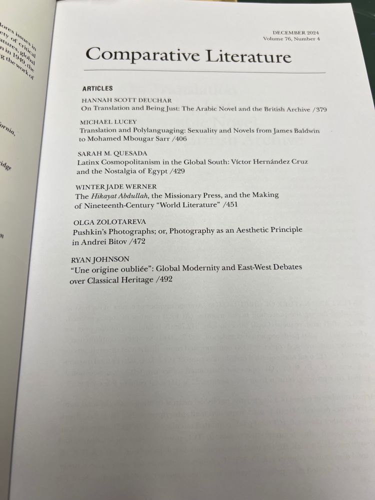 Photograph of the table of contents of Vol. 76, Number 4 of the journal Comparative Literature.