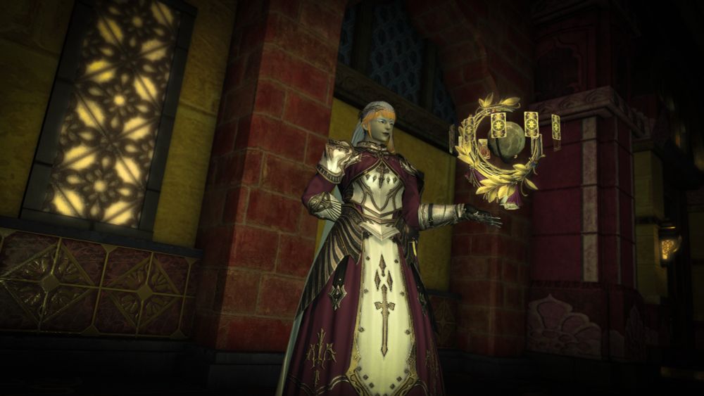 Picture of my warrior of light holding the astrologian weapon Diana from FFXIV wearing the credendum poetic gear at Meghaduta, Radz-At-Han