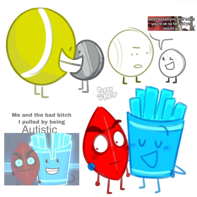 doodles of the pairings Tennis Ball + Nickel, and Evil Leafy + Fries from BFDIA