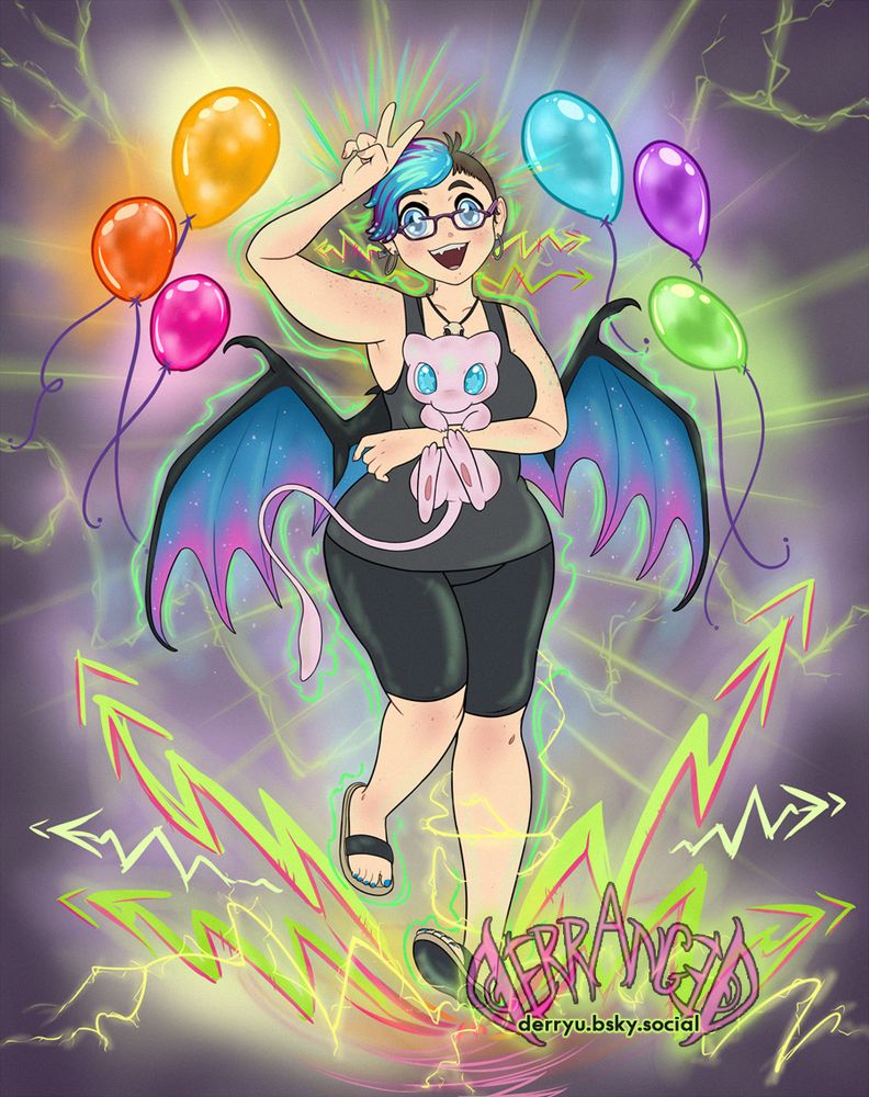 Colorful artwork of a person posing happily while holding up a peace sign. In their other arm, they hold a mew. The person wears simple black clothing and has short blue and purple hair, glasses, a bird skull necklace, and 2 dragon wings that shine with stars to symbolize their fursona. There are colorful balloons that float around them and various graffiti of electricity, bolts, and sharp arrows all around them to showcase the happiness and high energy that the person feels, perhaps a reflection into their soul.