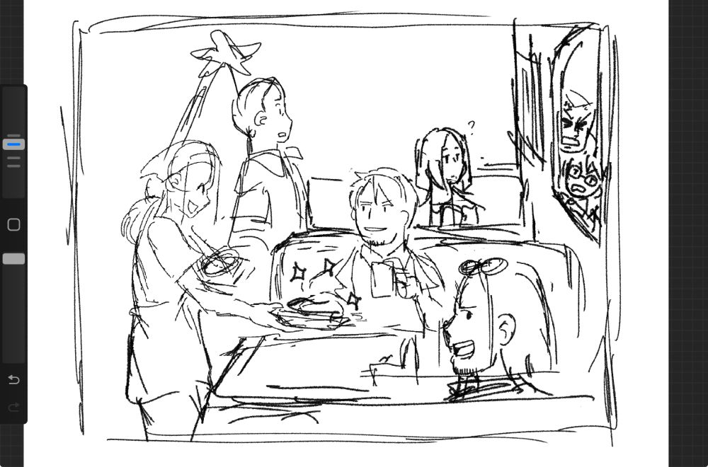 a sketch of the characters from last window: the secret of cape west, in lucky’s cafe. kyle hyde and tony wolf are dining together, and marie rivet sits at the chairs behind them. claire is passing a plate of food over to kyle, and he smiles. ed vincent and rachel are spying on kyle through the window, and sidney and marie look at them confused.