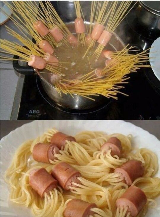 Hot dog sausages skewered with spaghetti.