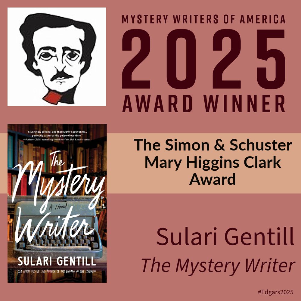 A picture of Edgar Allan Poe over the book jacket for Sulari Gentill's The Mystery Writer, which pictures a typewriter in front of a bookshelf. 