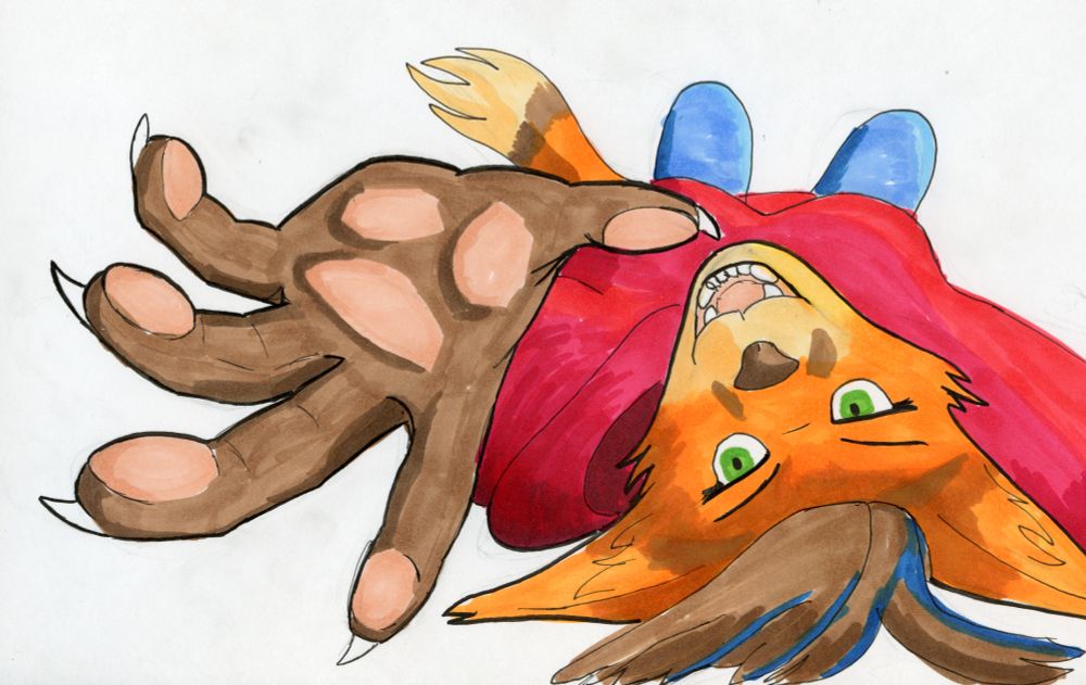 A red fox in a red hoody with blue jeans looking up at the camera and reaching out to it with one paw.