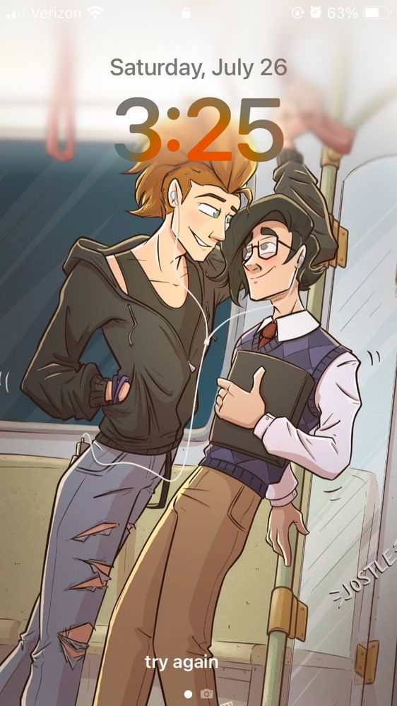 A screenshot of my lock screen. It features an illustration of two young men on a bus or subway. The taller one, Danny, has a Mohawk and is wearing a hoodie and torn jeans. The shorter one, Alden, has dark hair and glasses, and is wearing a sweatervest and slacks. Danny is leaning over Alden as the train jostles, and they look flirtatiously at each other.