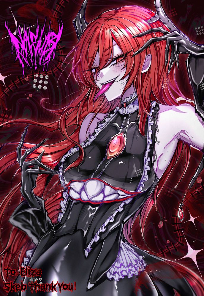 A slime lamia girld drawn in a sharp and metal looking style with sharp claws and teeth.